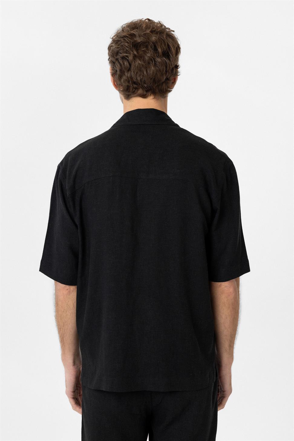 Antioch Siyah Keten Karışımlı Kısa Kollu Erkek Gömlek