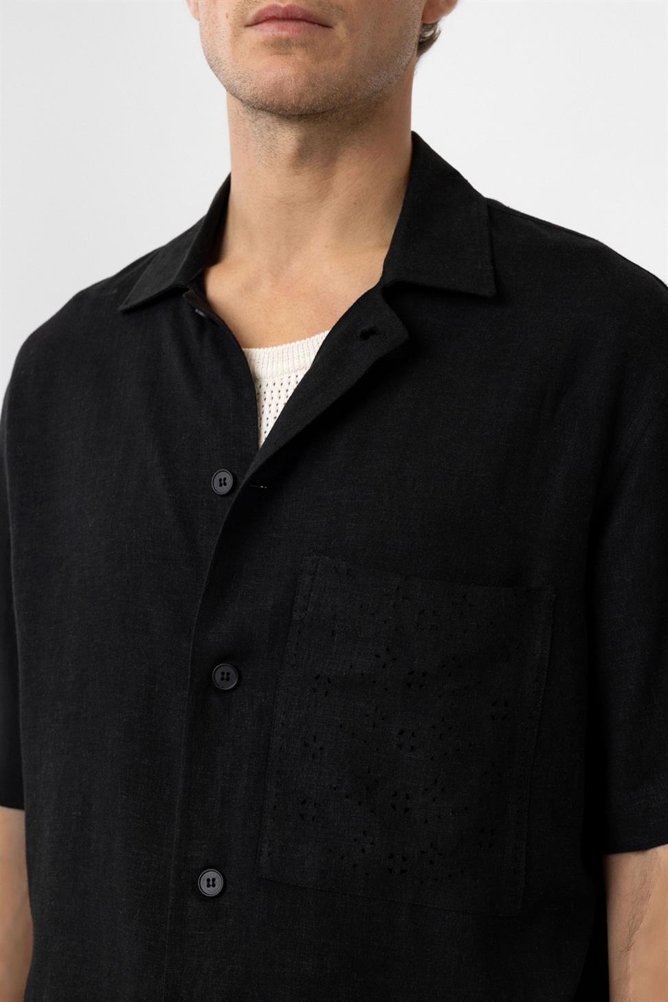 Antioch Siyah Keten Karışımlı Kısa Kollu Erkek Gömlek
