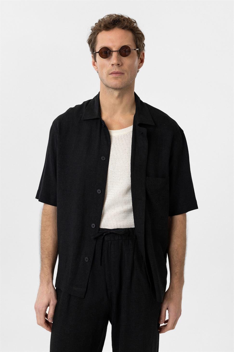 Antioch Siyah Keten Karışımlı Kısa Kollu Erkek Gömlek