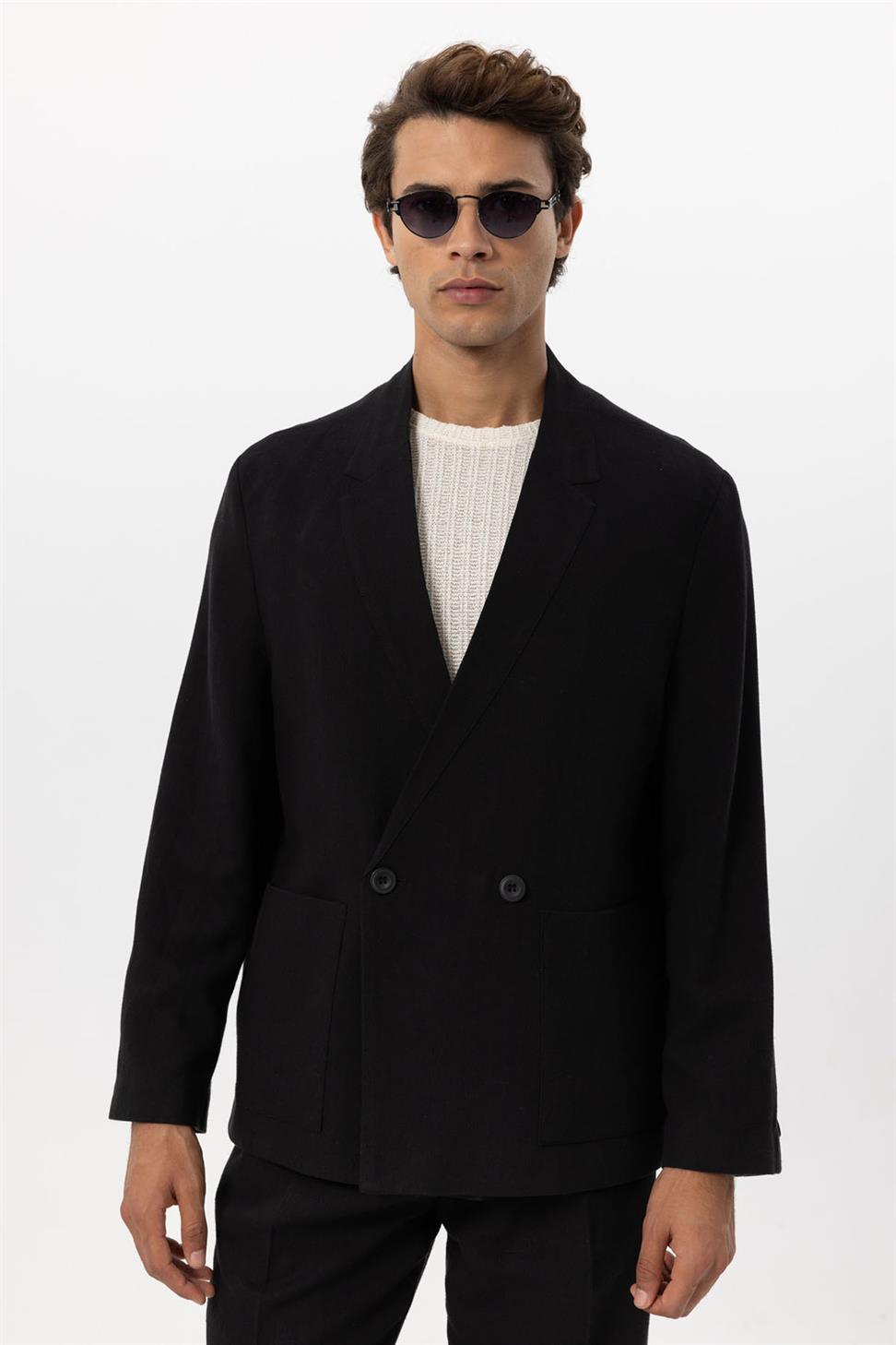 Mens Linen Blend Double-breasted Buttoned Blazer Jacket