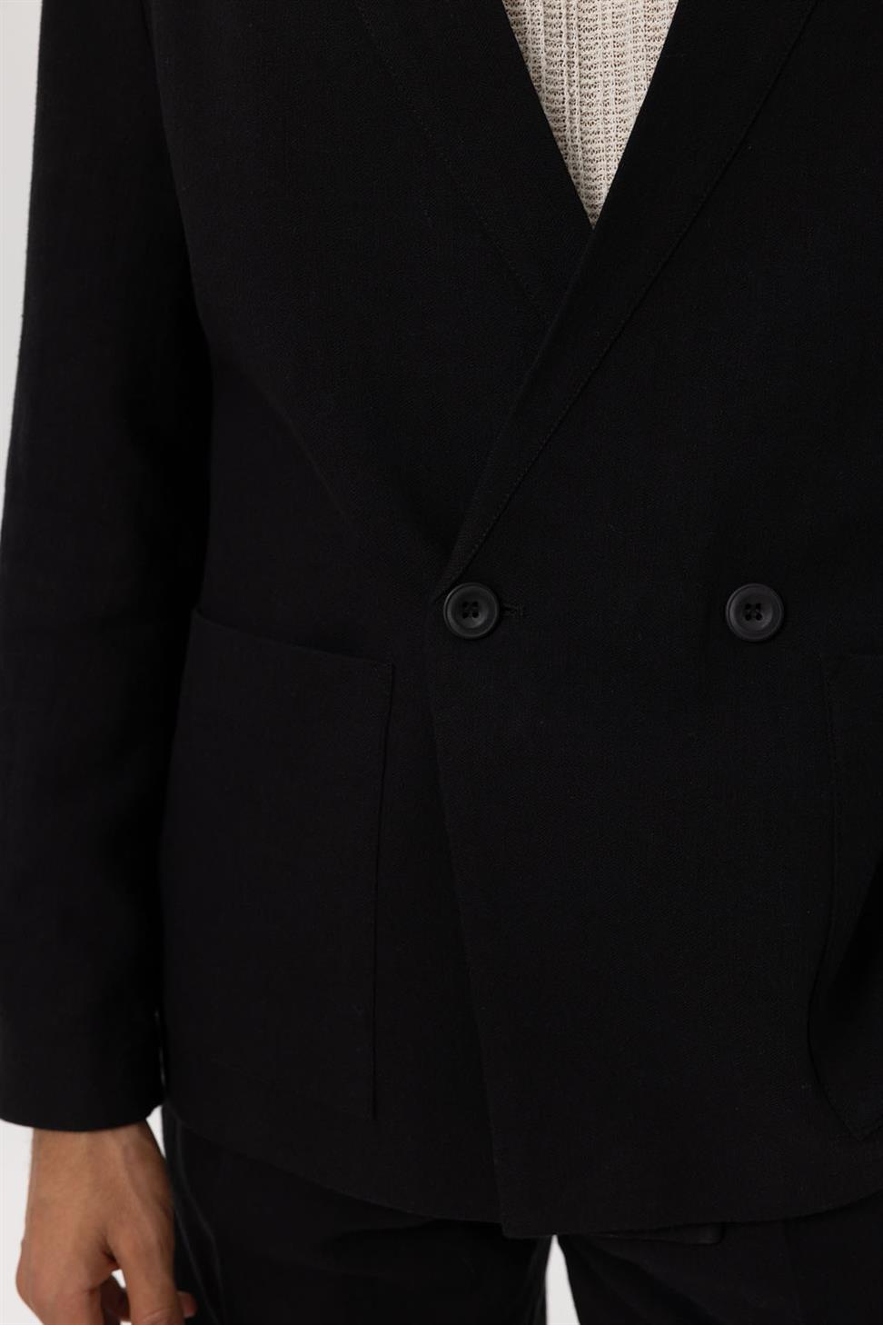 Mens Linen Blend Double-breasted Buttoned Blazer Jacket