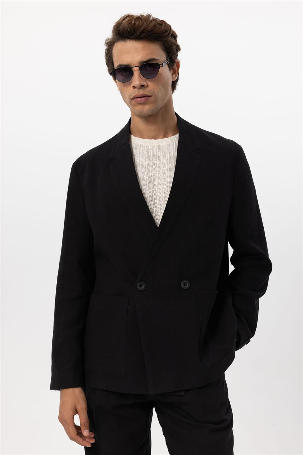 Mens Linen Blend Double-breasted Buttoned Blazer Jacket