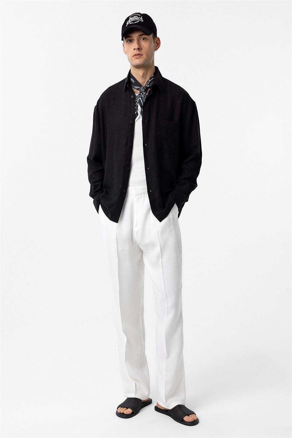 Antioch Siyah Keten Karışımlı Relax Fit Erkek Gömlek