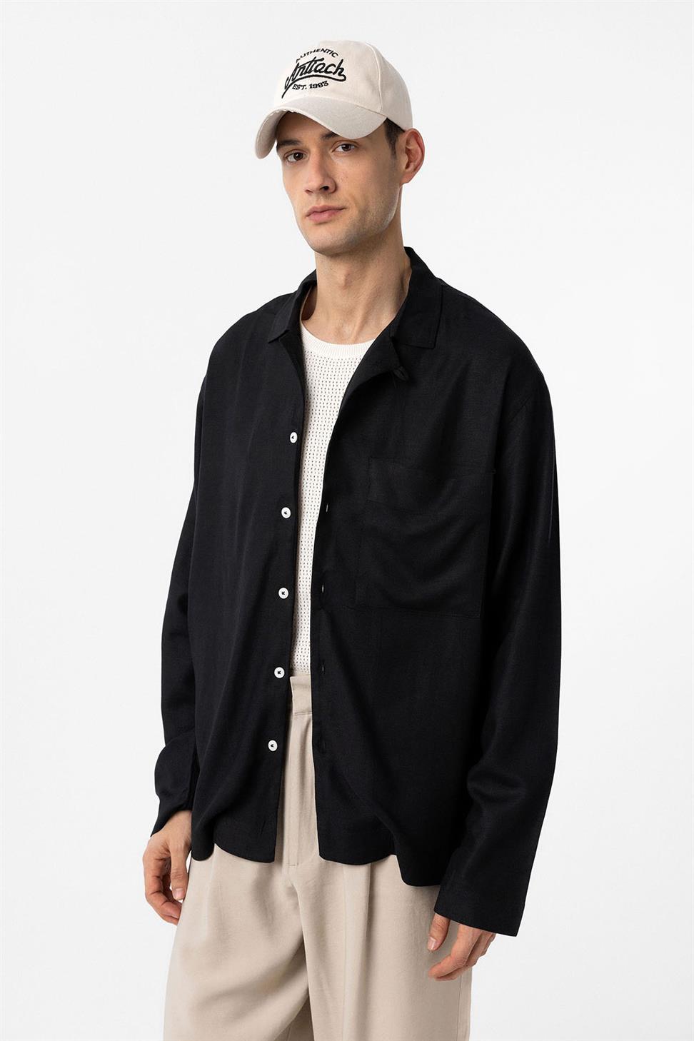 Antioch Siyah Keten Karışımlı Relax Fit Erkek Gömlek