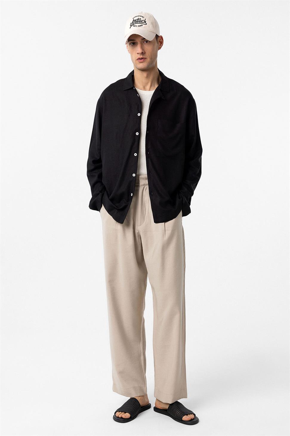 Antioch Siyah Keten Karışımlı Relax Fit Erkek Gömlek