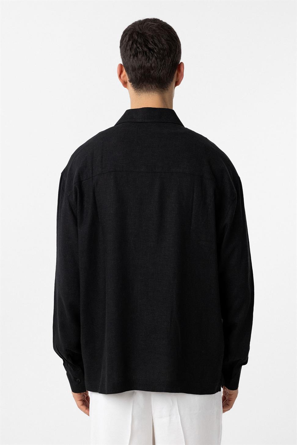Antioch Siyah Keten Karışımlı Relax Fit Erkek Gömlek