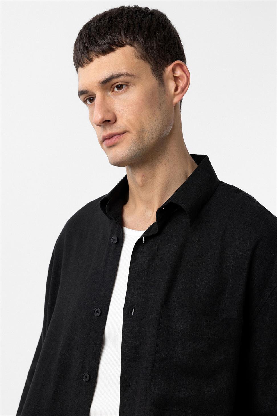Antioch Siyah Keten Karışımlı Relax Fit Erkek Gömlek