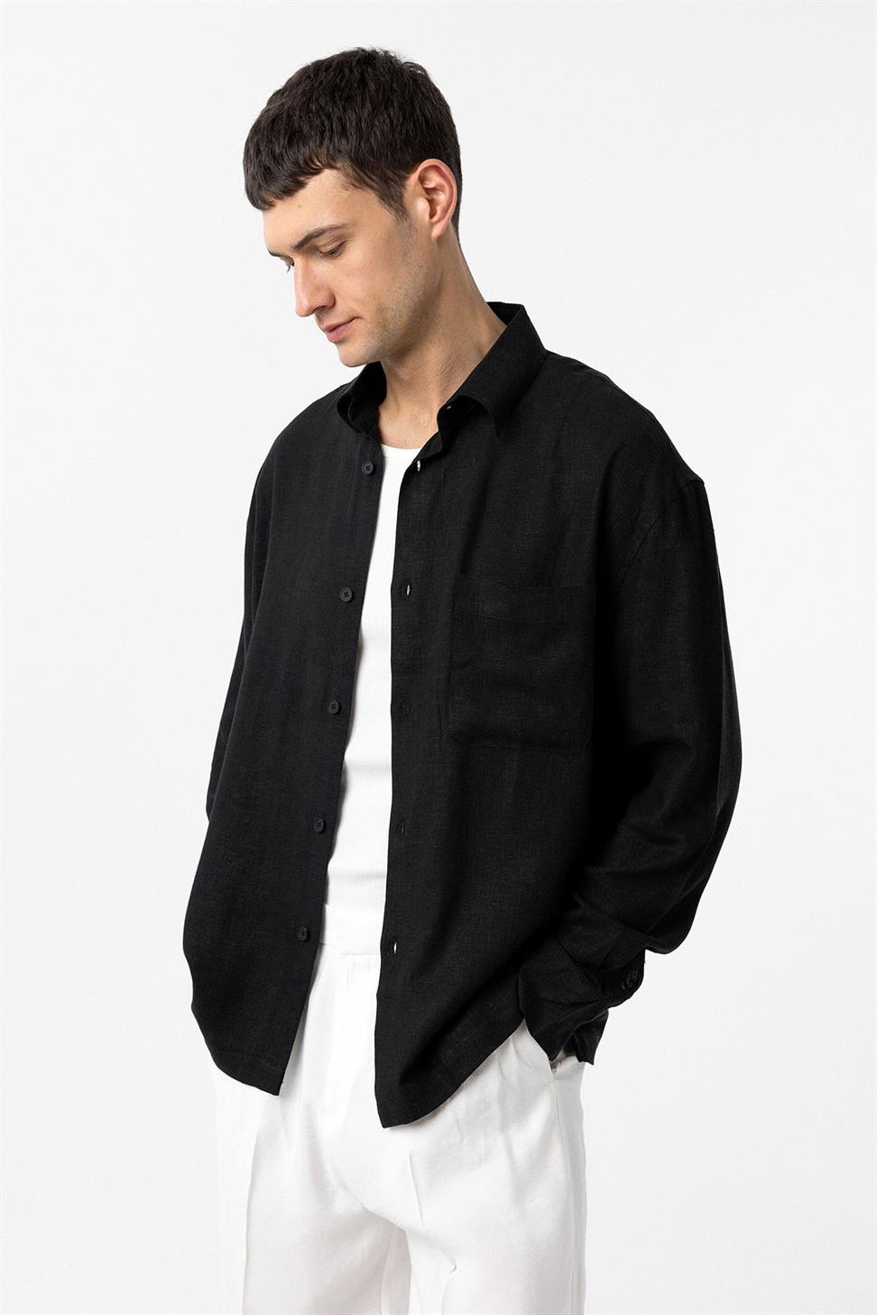 Antioch Siyah Keten Karışımlı Relax Fit Erkek Gömlek