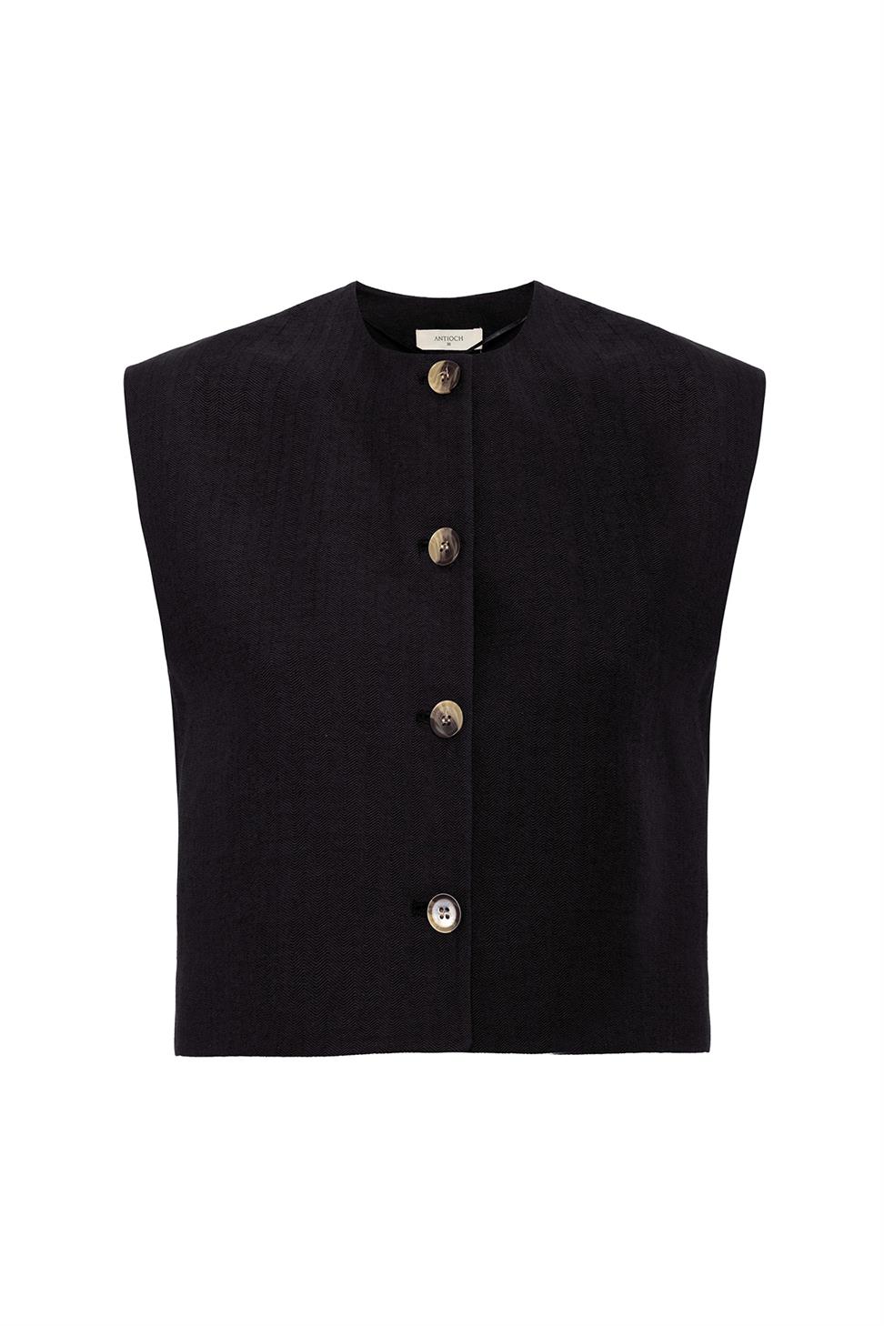 Antioch Siyah Keten Karışımlı Relax Fit Kadın Yelek