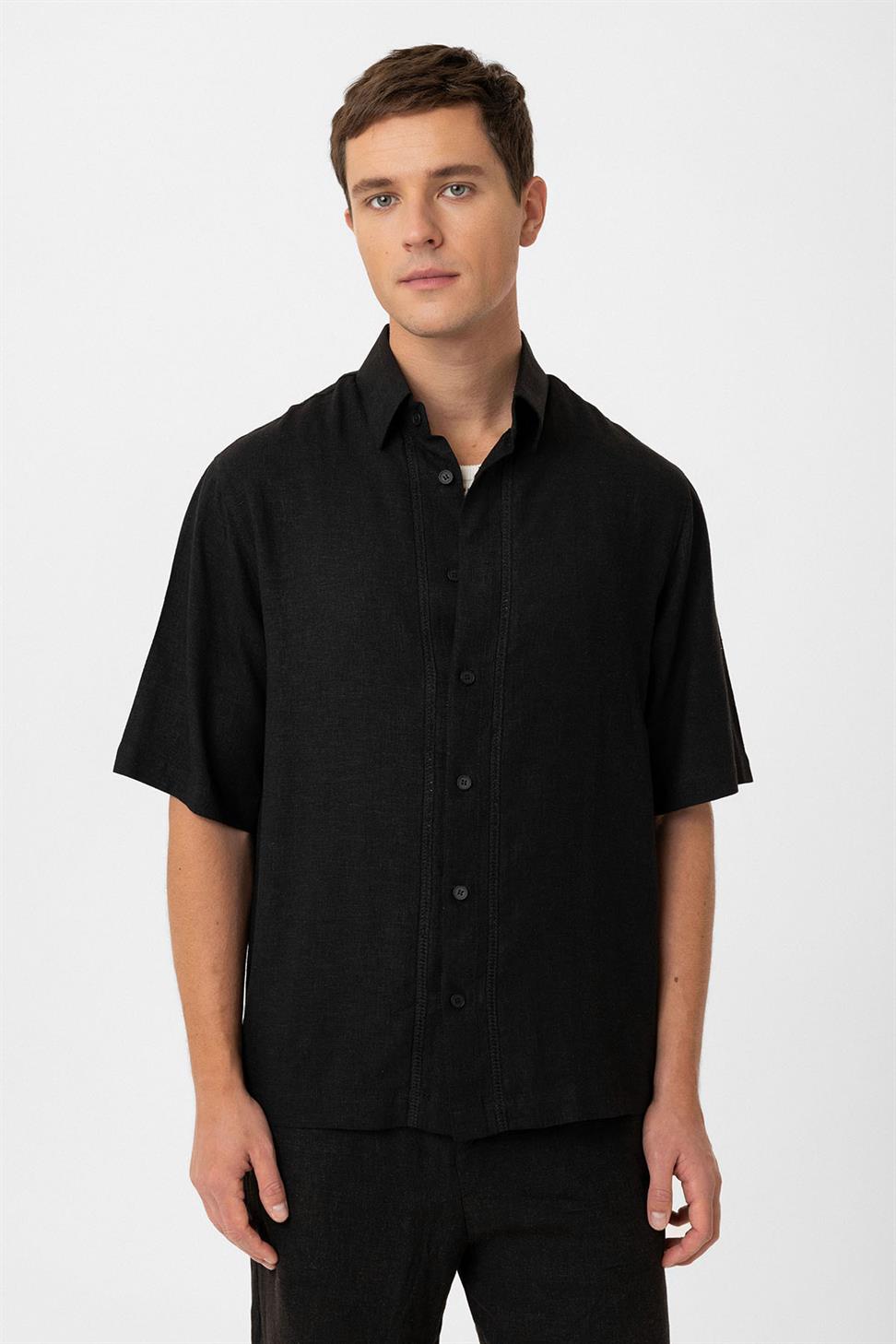 Antioch Siyah Keten Karışımlı Relaxed Erkek Gömlek