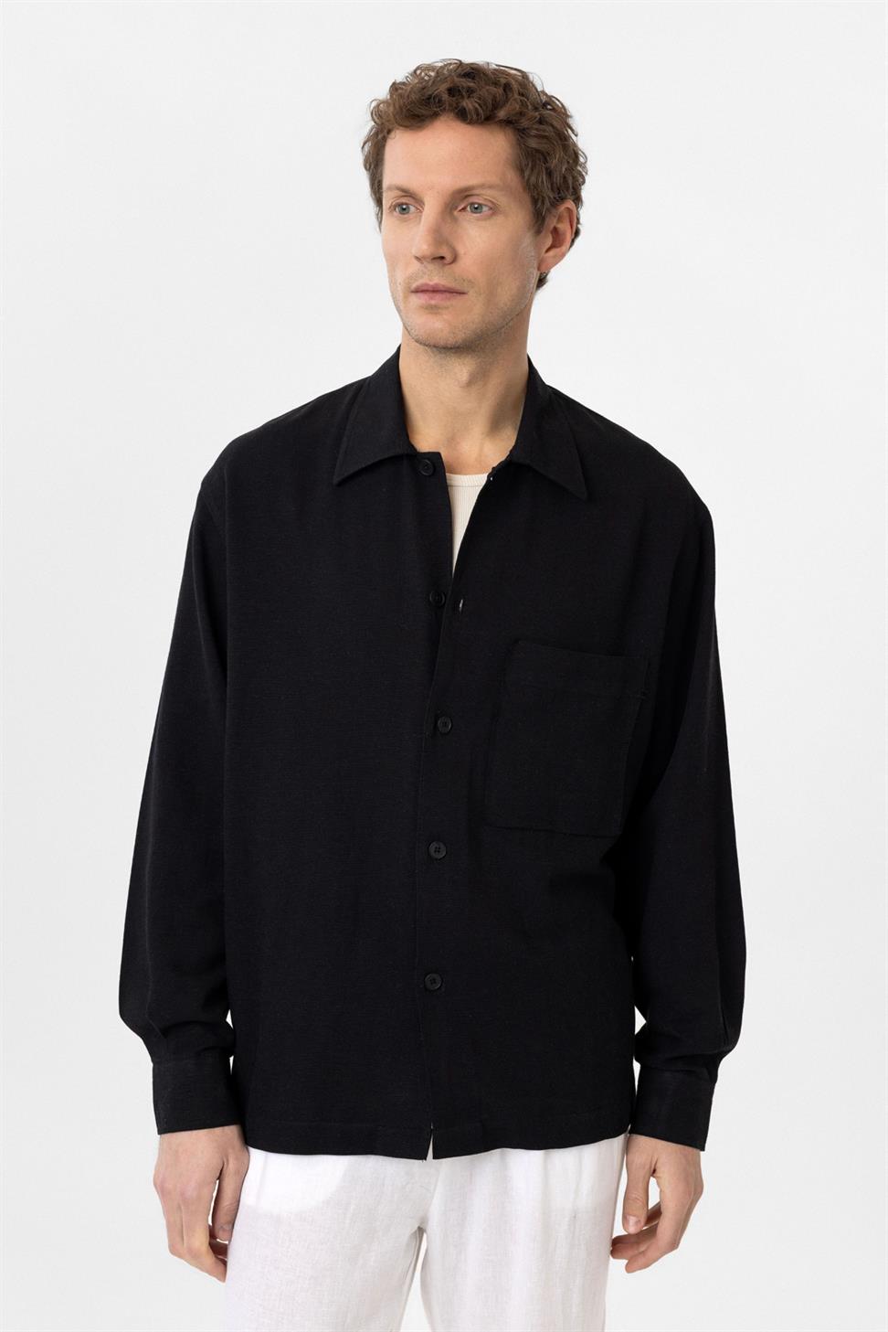 Antioch Siyah Keten Karışımlı Relaxed Erkek Gömlek