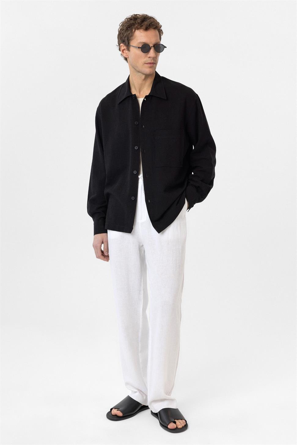 Antioch Siyah Keten Karışımlı Relaxed Erkek Gömlek