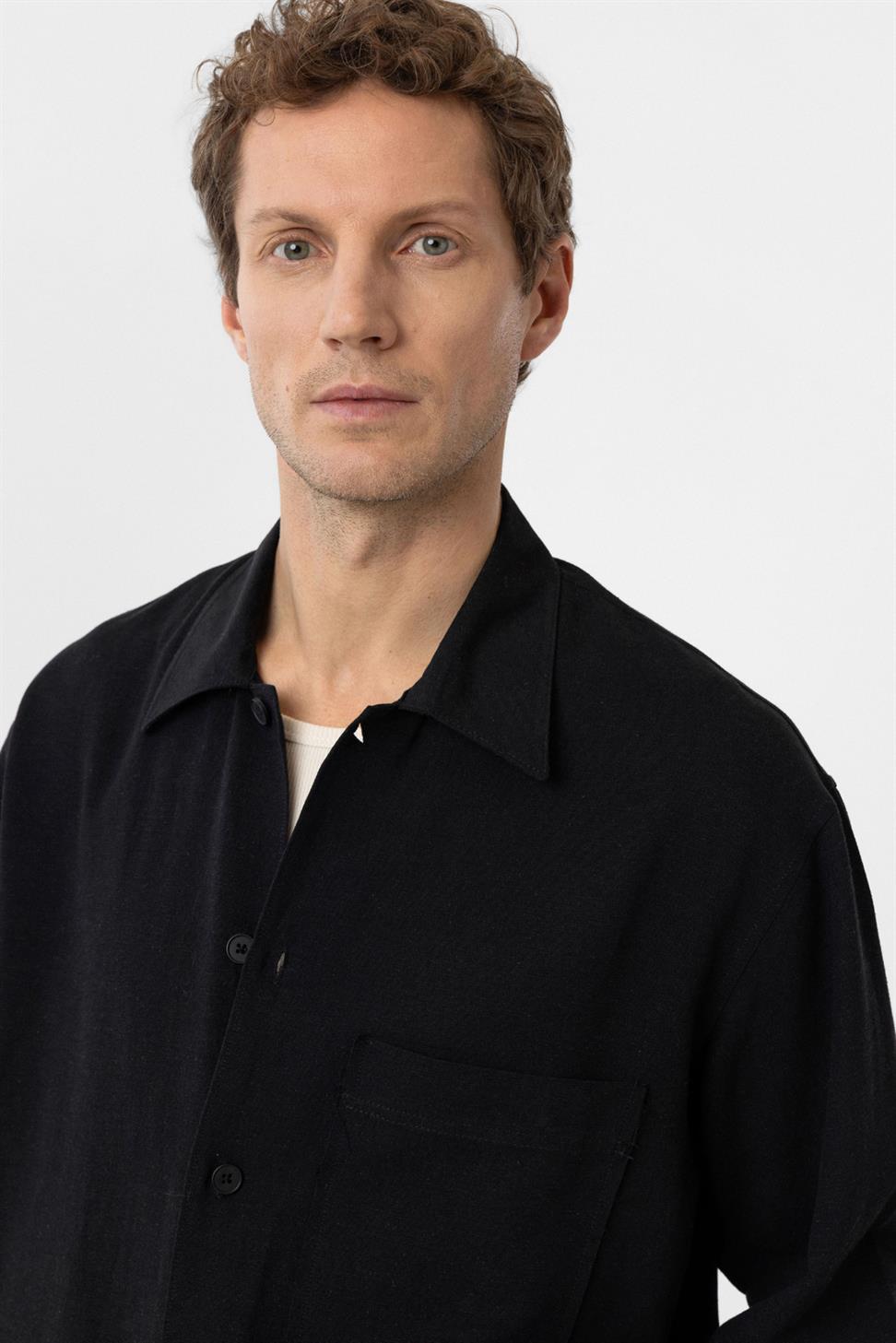 Antioch Siyah Keten Karışımlı Relaxed Erkek Gömlek