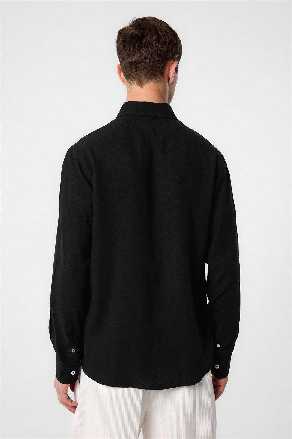 Antioch Siyah Keten Karışımlı Yaka Düğmeli Erkek Gömlek