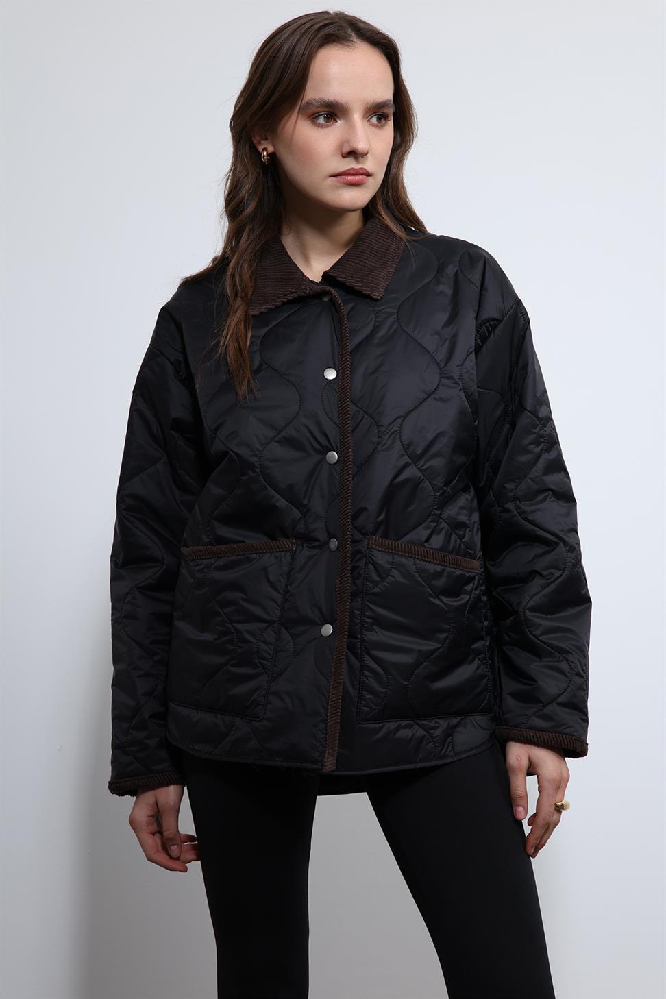 Antioch Siyah Kontrast Yaka Desenli Mont