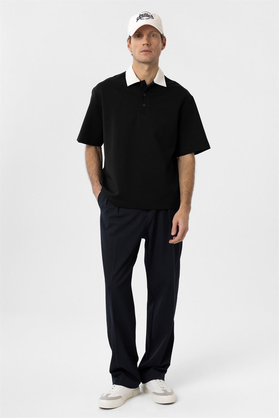 Antioch Siyah Kontrast Yaka İnterlok Dokulu Erkek T-Shirt