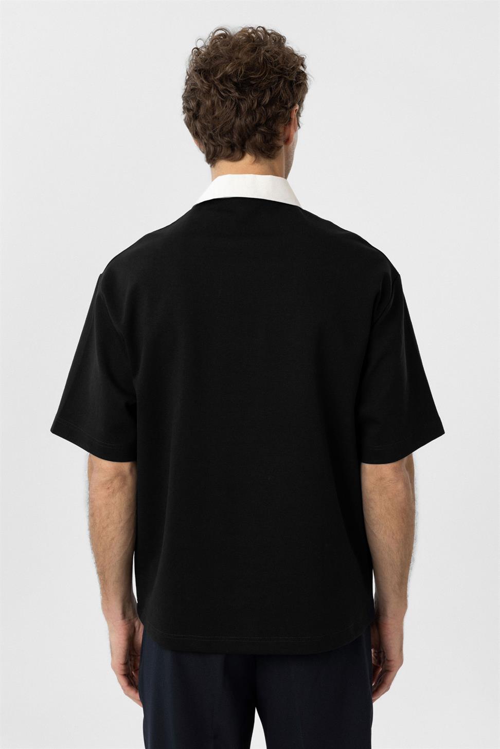 Antioch Siyah Kontrast Yaka İnterlok Dokulu Erkek T-Shirt