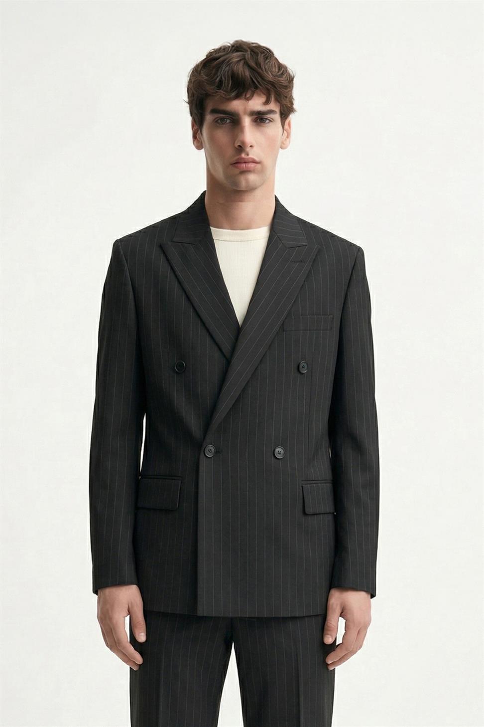 Antioch Siyah Kruvaze Çizgili Erkek Takım Elbise