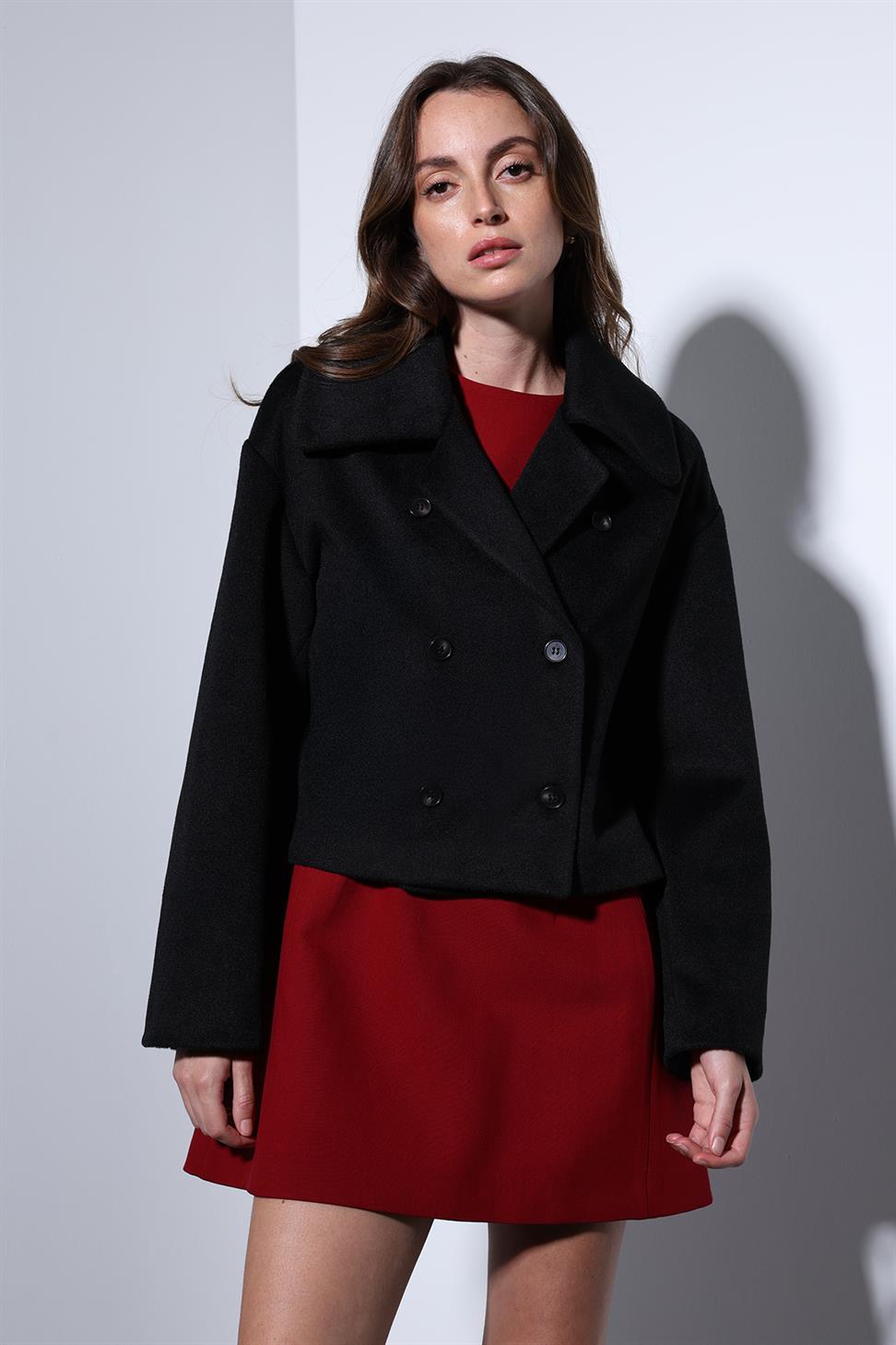 Antioch Siyah Kruvaze Kadın Kısa Kaban