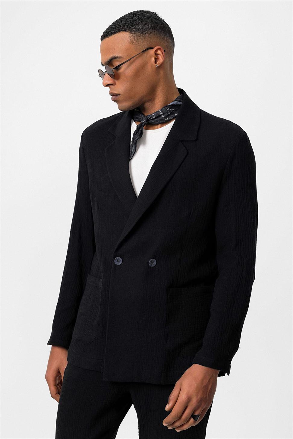 Antioch Siyah Kruvaze Kapama Astarsız Erkek Blazer Ceket
