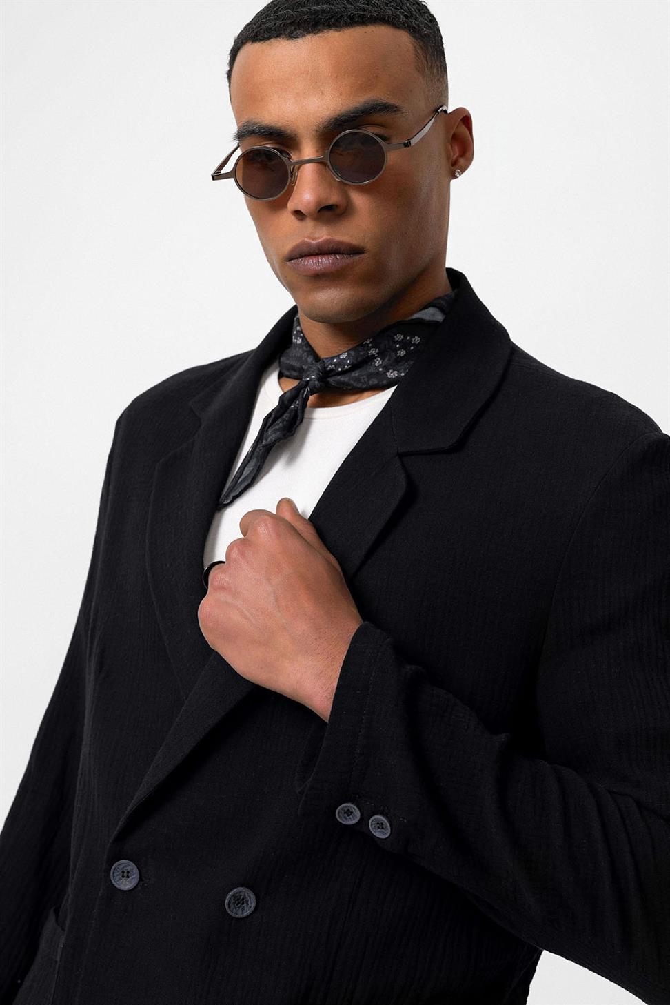 Antioch Siyah Kruvaze Kapama Astarsız Erkek Blazer Ceket