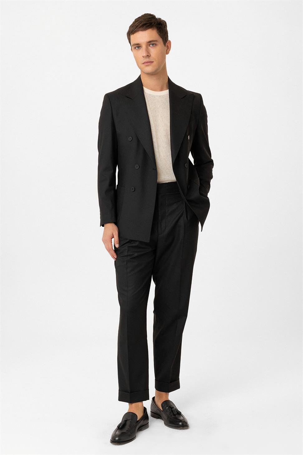 Antioch Siyah Kruvaze Kapama İtalyan Kesim Erkek Takım