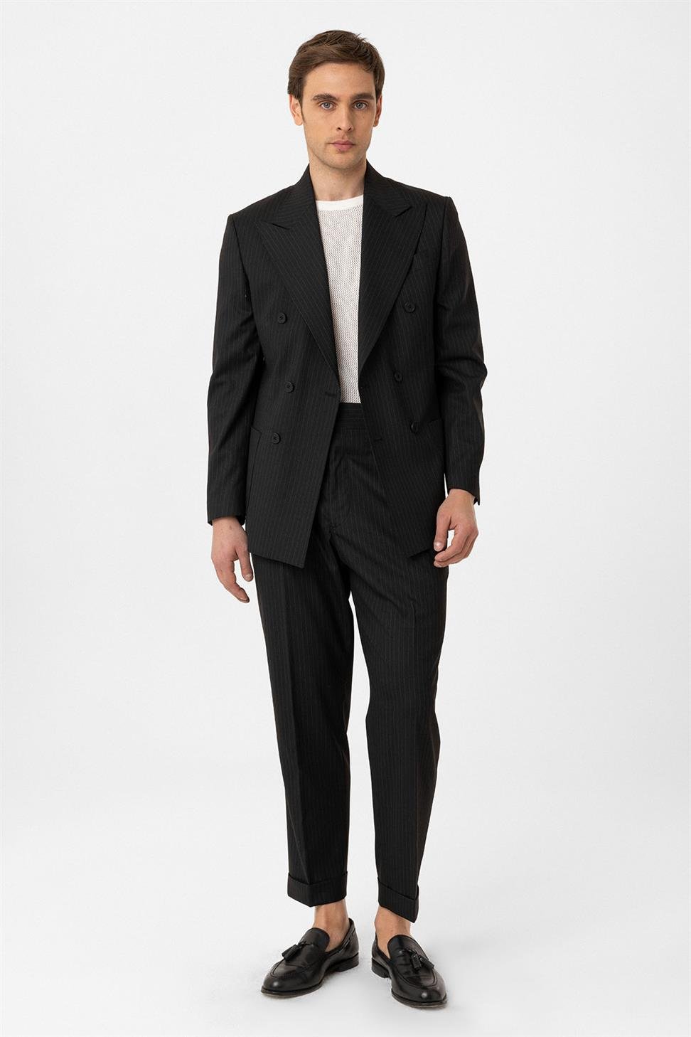 Antioch Siyah Kruvaze Kapama İtalyan Kesim Yün Karışımlı Çizgili Erkek Teknik Takım