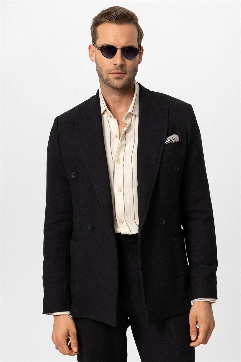 Double-breasted Closure Linen Blend Mens Blazer Jacket