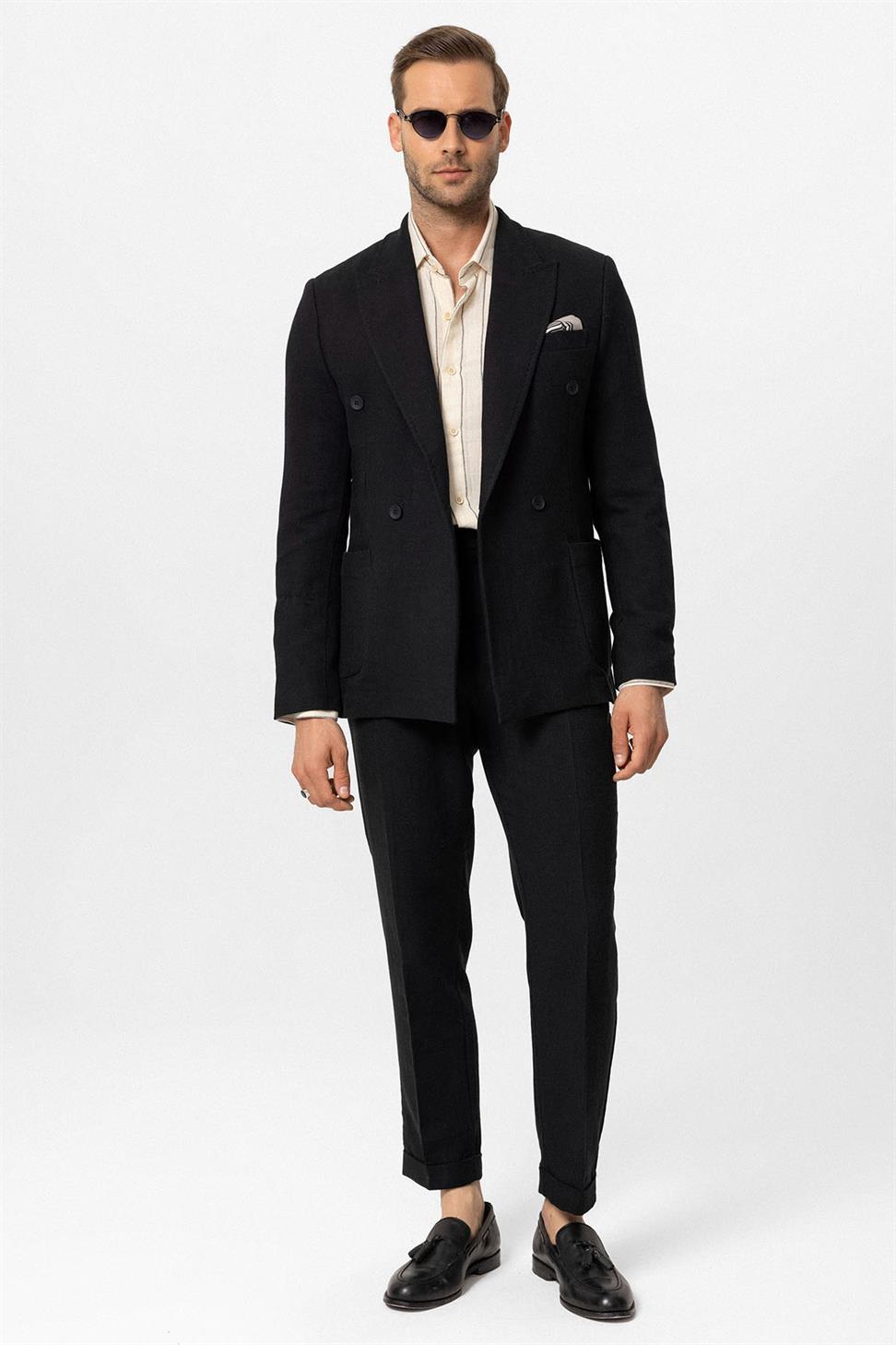 Double-breasted Closure Linen Blend Mens Blazer Jacket