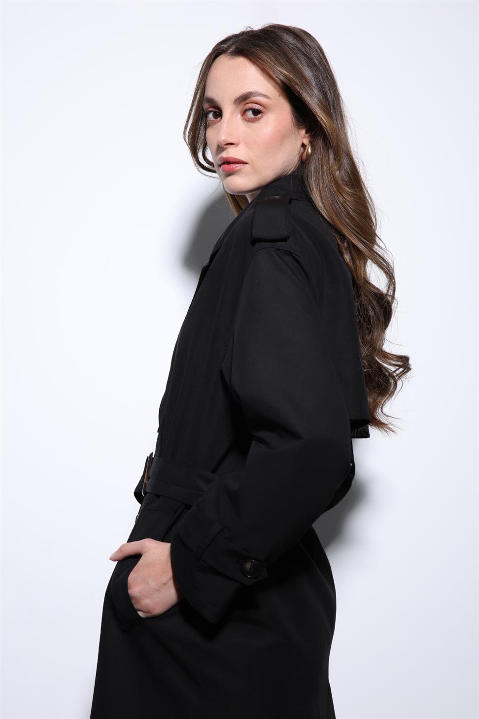 Antioch Siyah Kruvaze Kemerli Kadın Trençkot