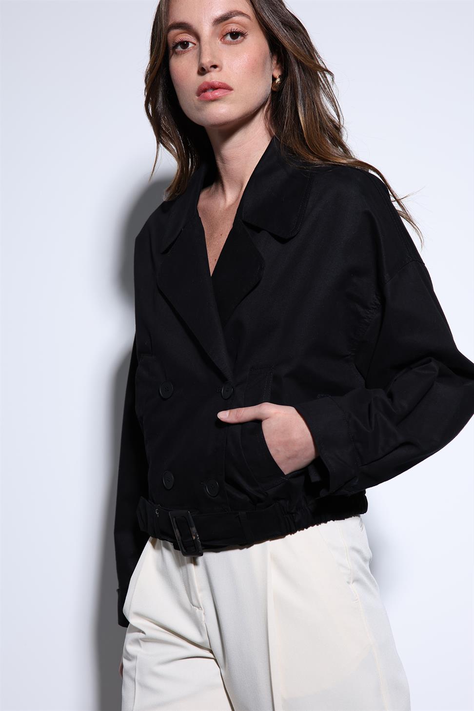 Antioch Siyah Kruvaze Kısa Kadın Trençkot