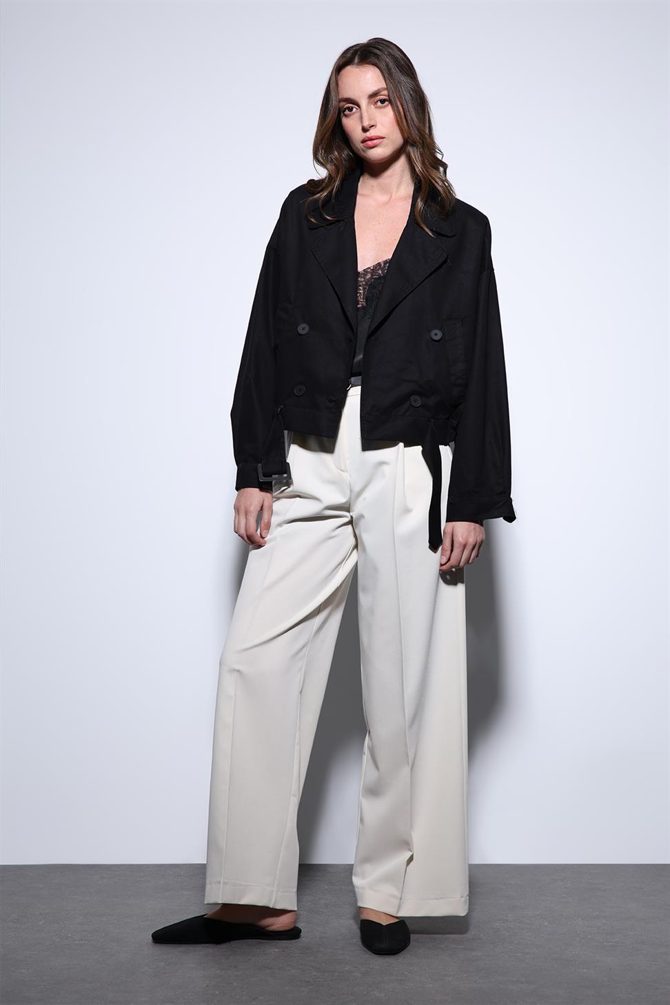 Antioch Siyah Kruvaze Kısa Kadın Trençkot