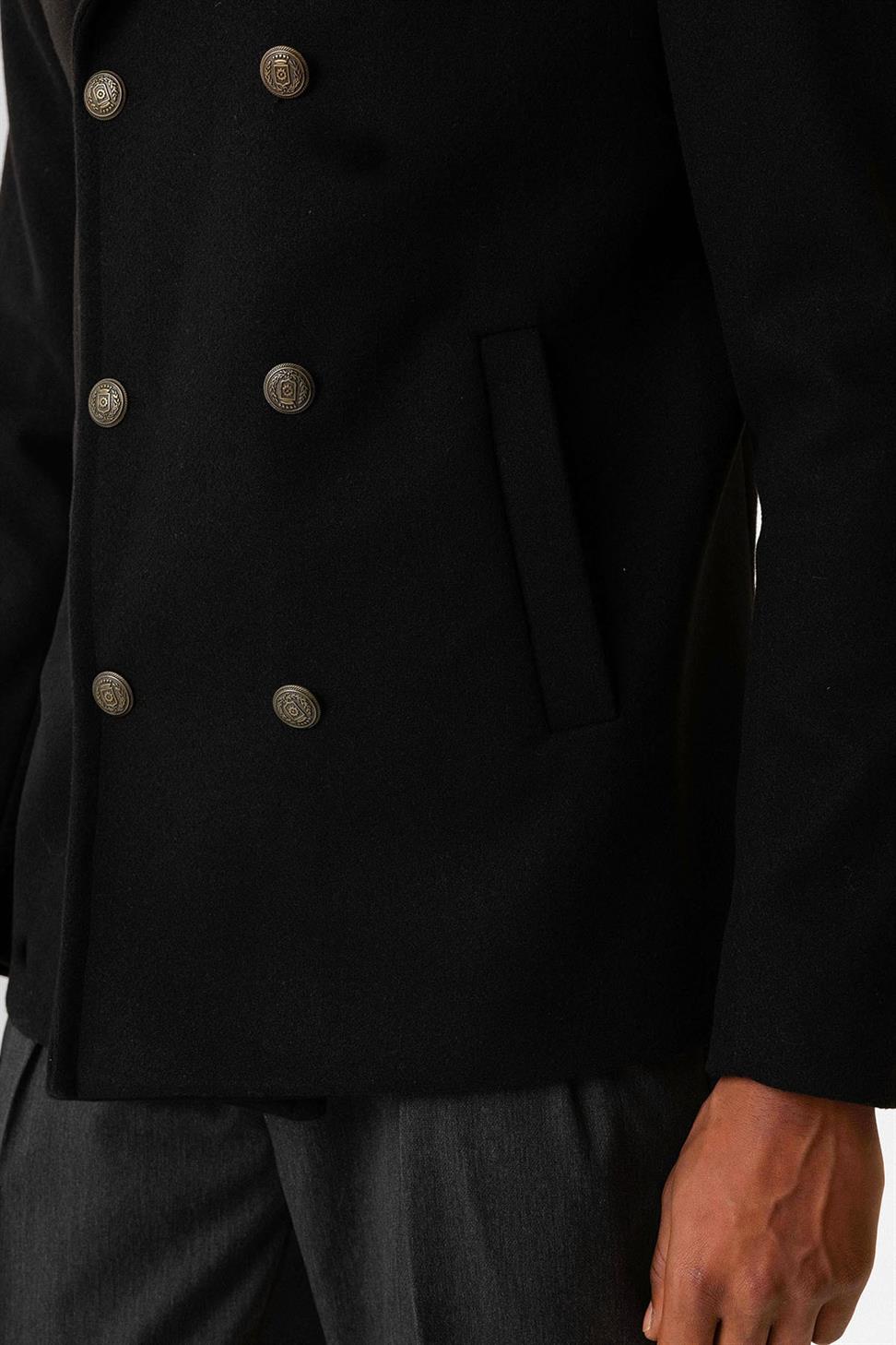 Antioch Siyah Kürk Yaka Kruvaze Kapama Erkek Kaban