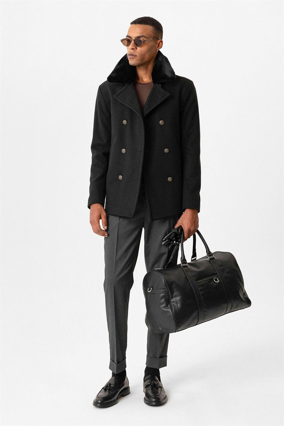 Antioch Siyah Kürk Yaka Kruvaze Kapama Erkek Kaban