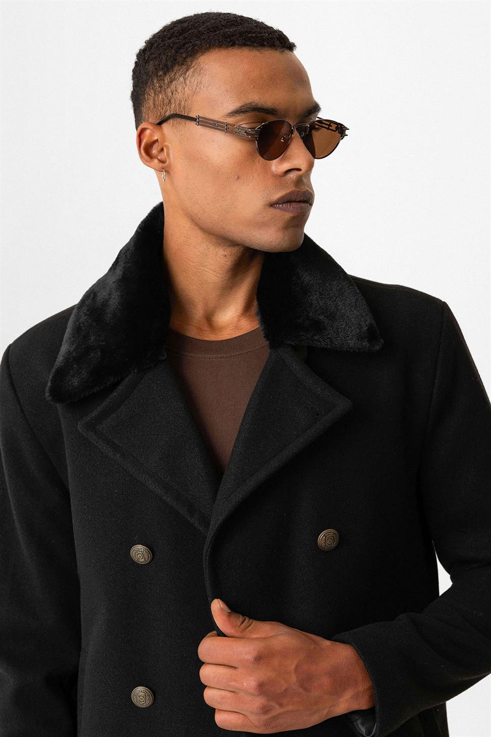 Antioch Siyah Kürk Yaka Kruvaze Kapama Erkek Kaban