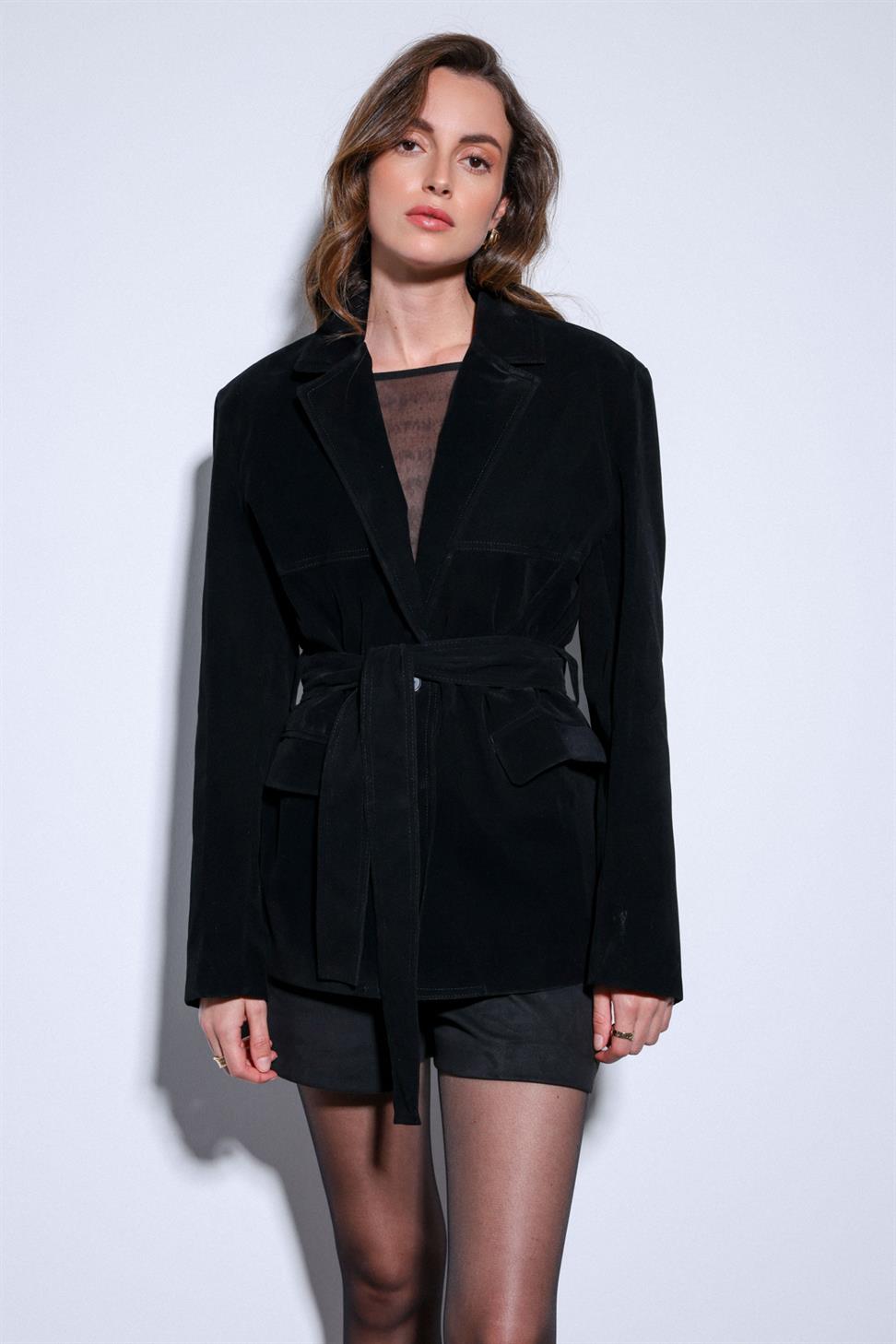 Antioch Siyah Kuşak Bağlamalı Süet Kadın Ceket