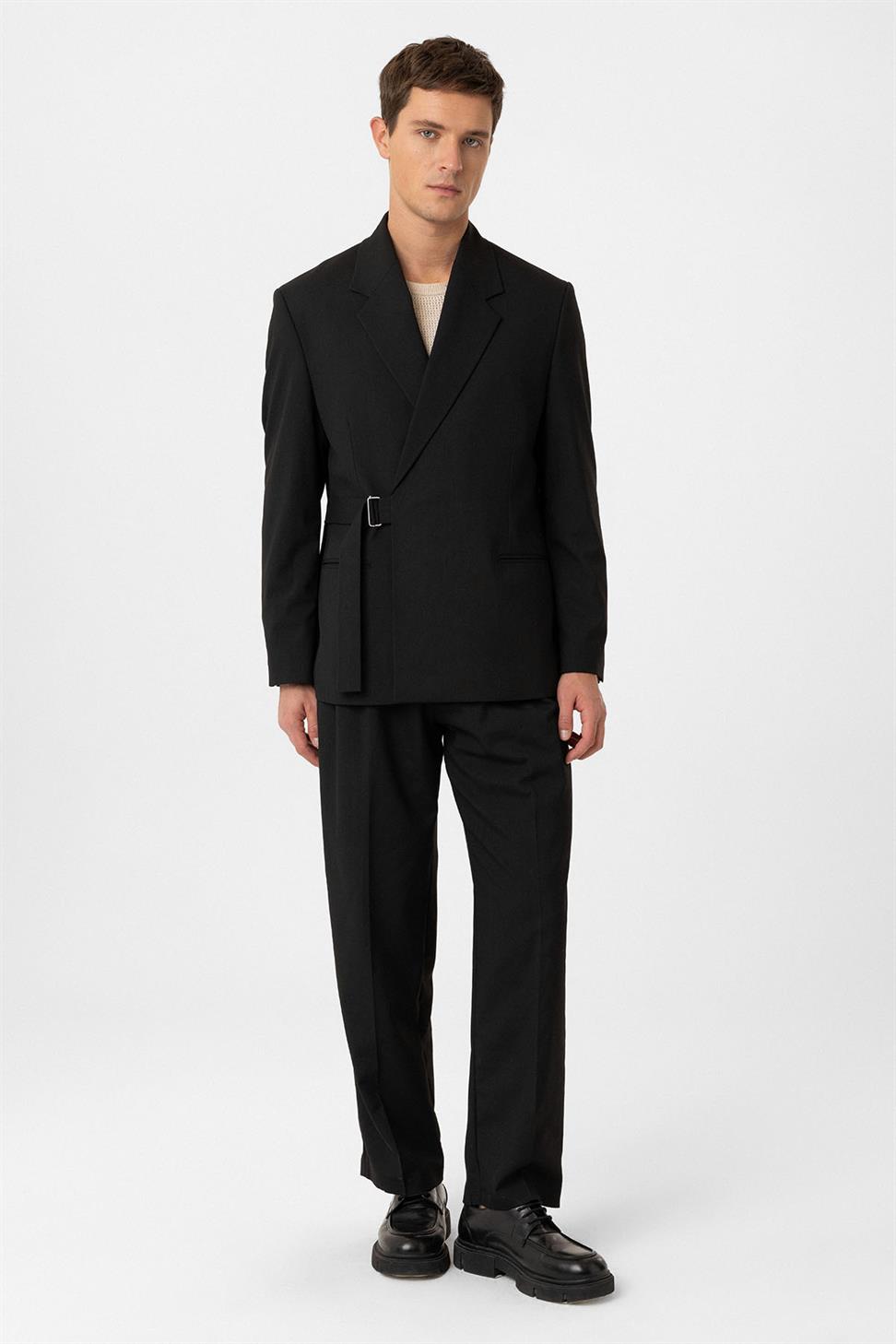 Antioch Siyah Kuşaklı Relax Fit Erkek Blazer Ceket