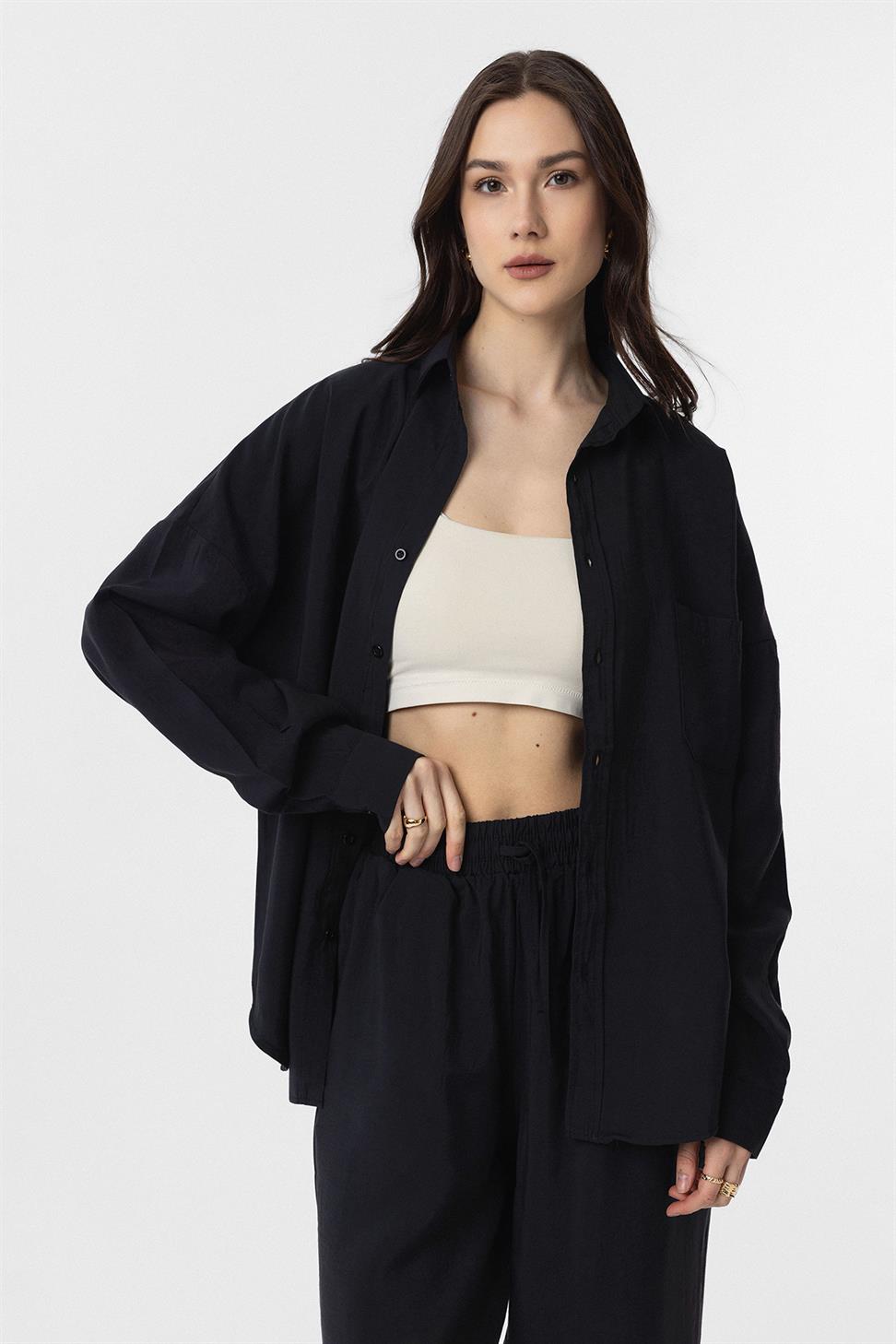 Antioch Siyah Modal Kadın Gömlek Pantolon Takım