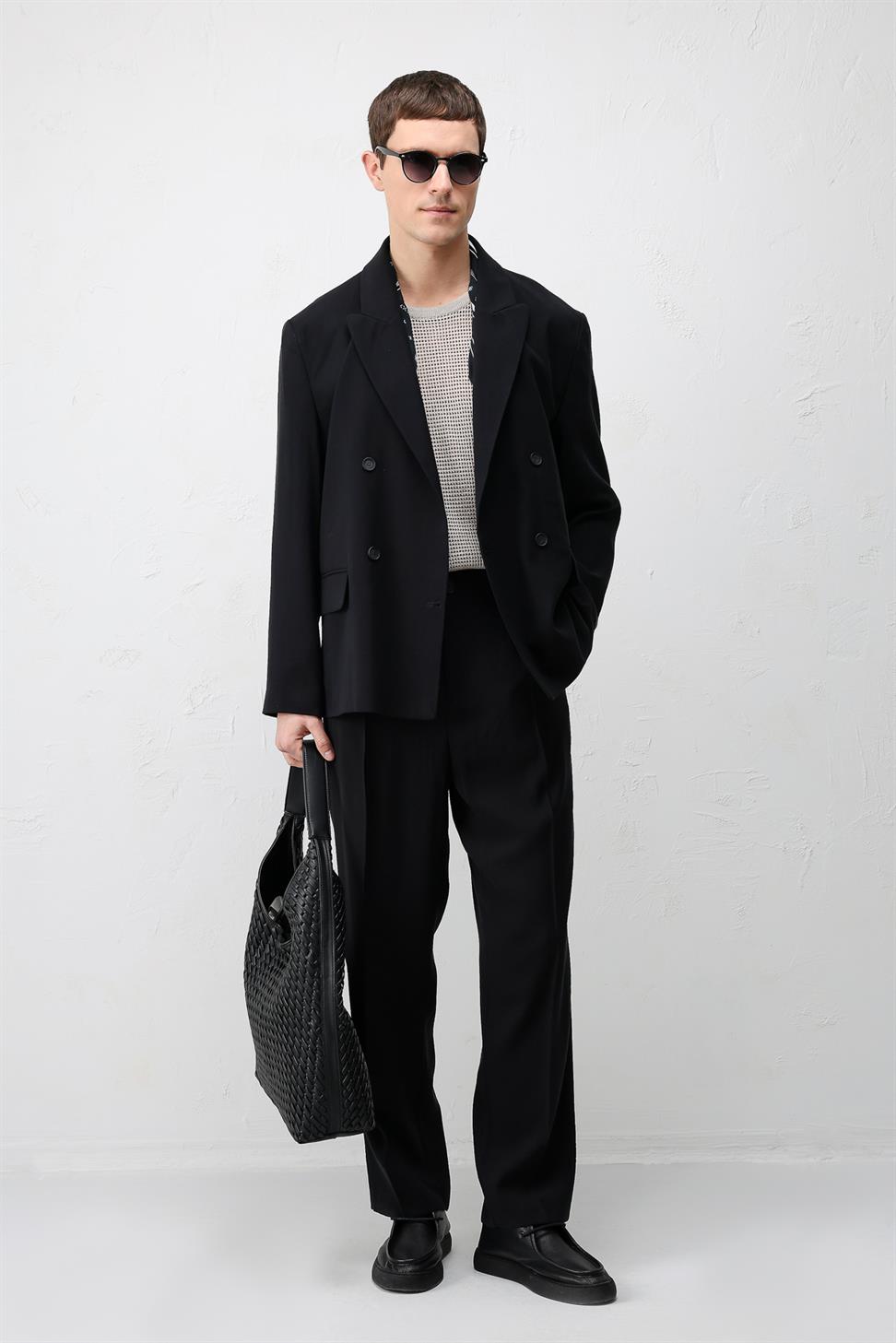 Antioch Siyah Modal Karışımlı Relaxed Fit Erkek Blazer Ceket