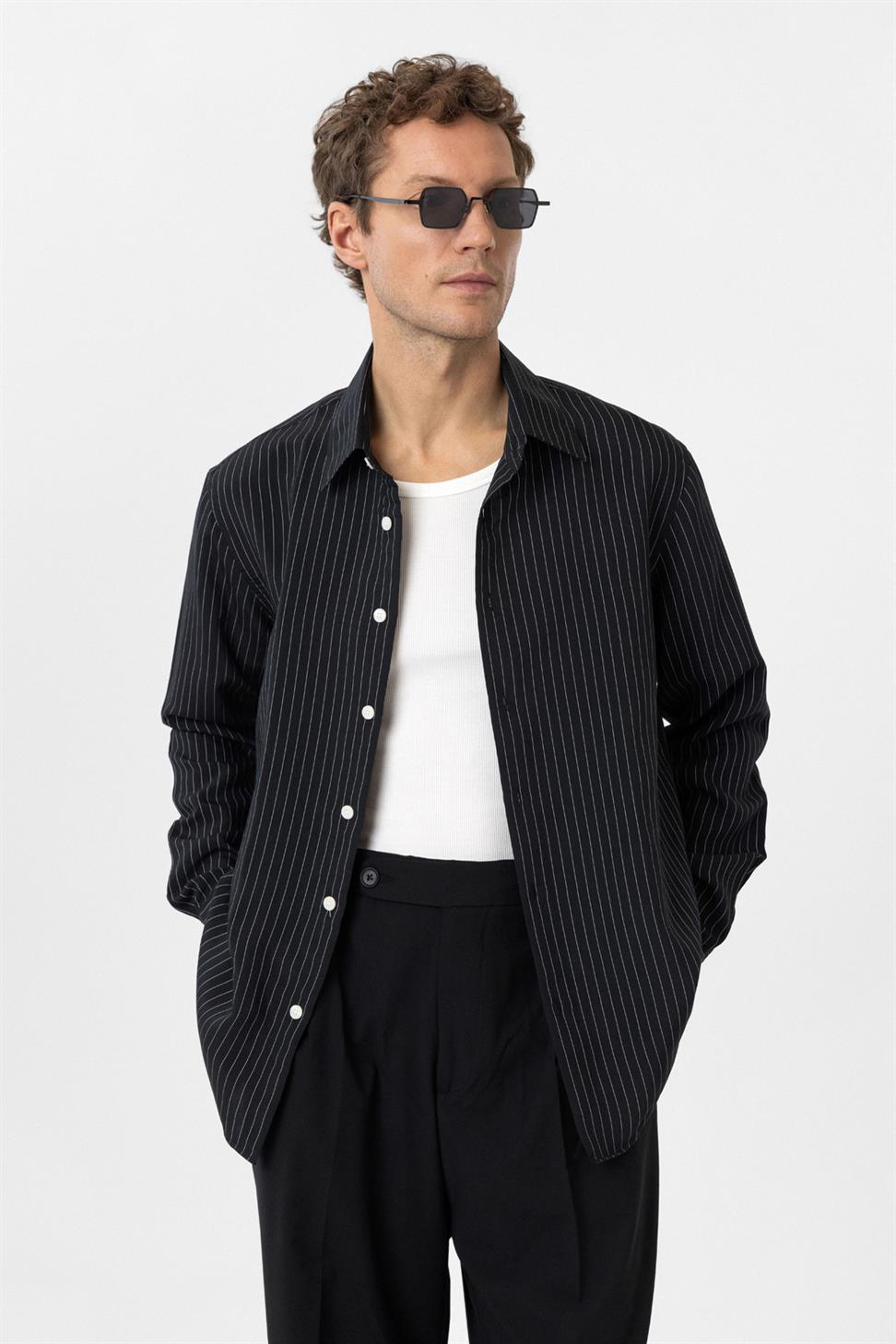 Antioch Siyah Modal Kumaş Relax Fit Çizgili Erkek Gömlek