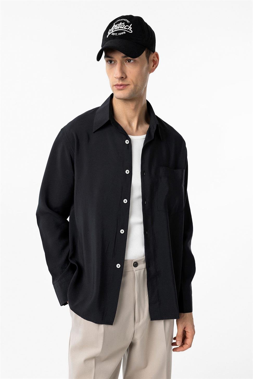 Antioch Siyah Modal Kumaş Relax Fit Erkek Gömlek