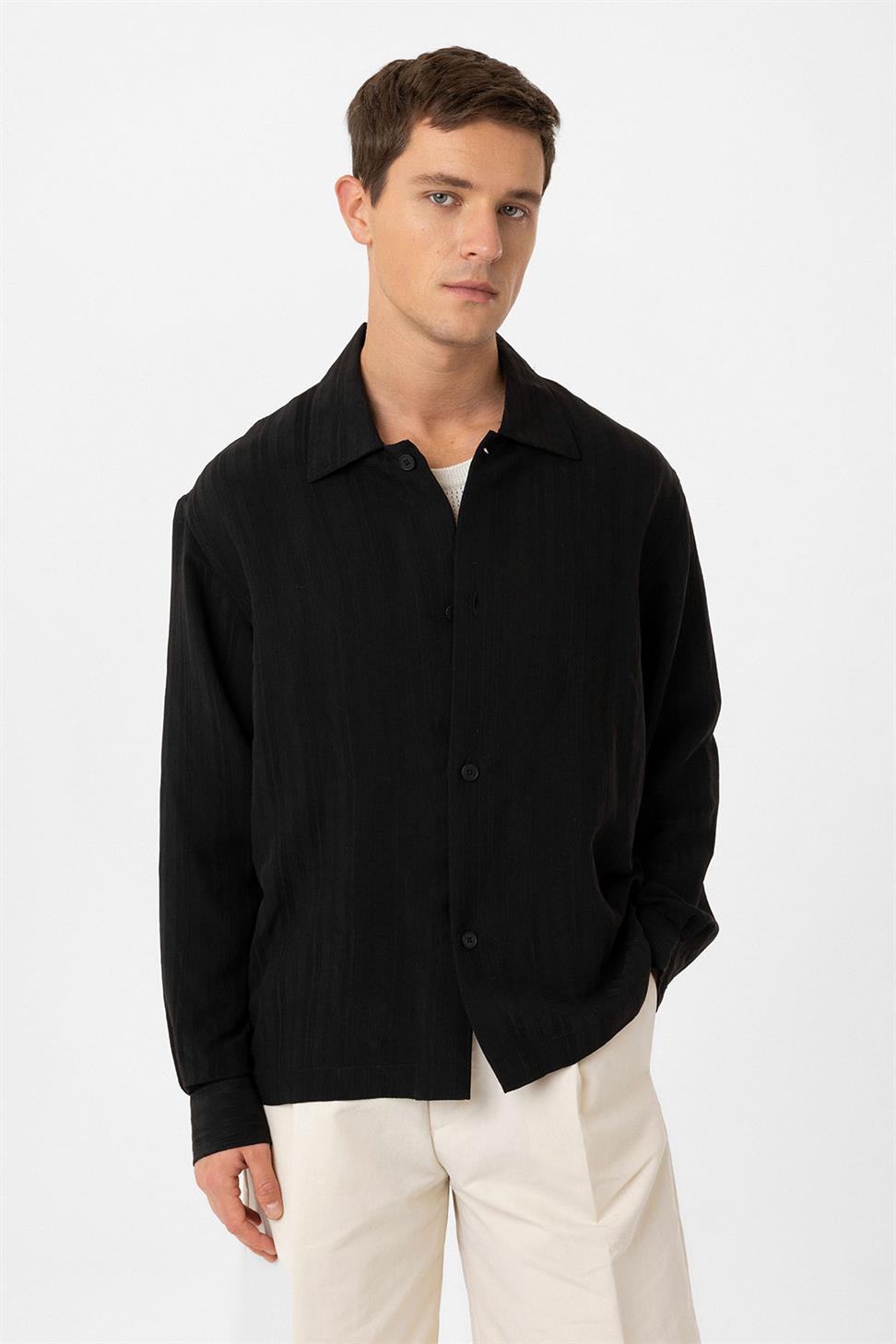 Antioch Siyah Oversize Dokulu Erkek Gömlek