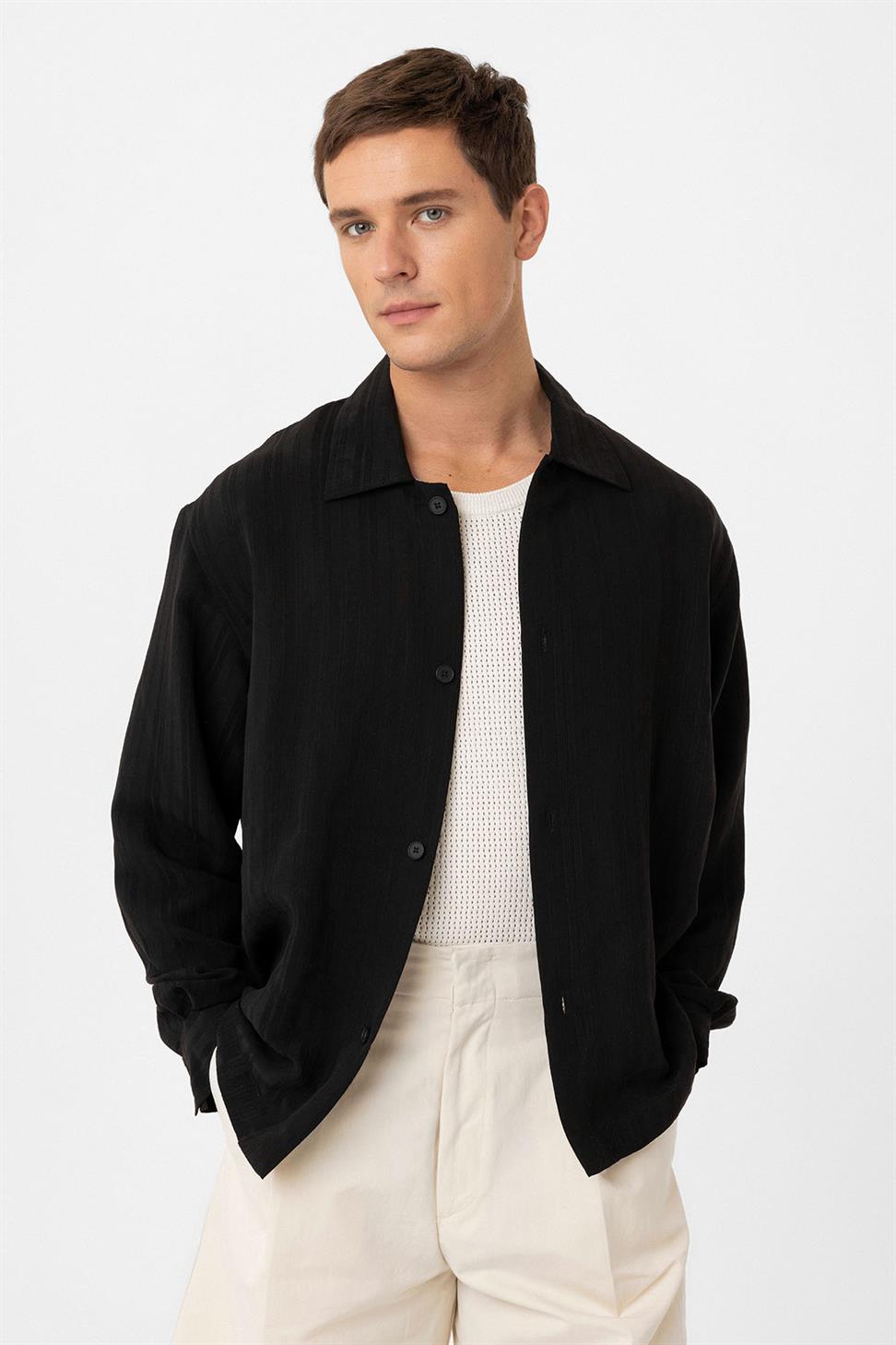 Antioch Siyah Oversize Dokulu Erkek Gömlek