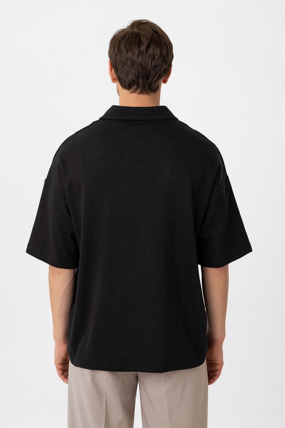 Antioch Siyah Oversize Polo Yaka Fermuarlı Erkek T-Shirt
