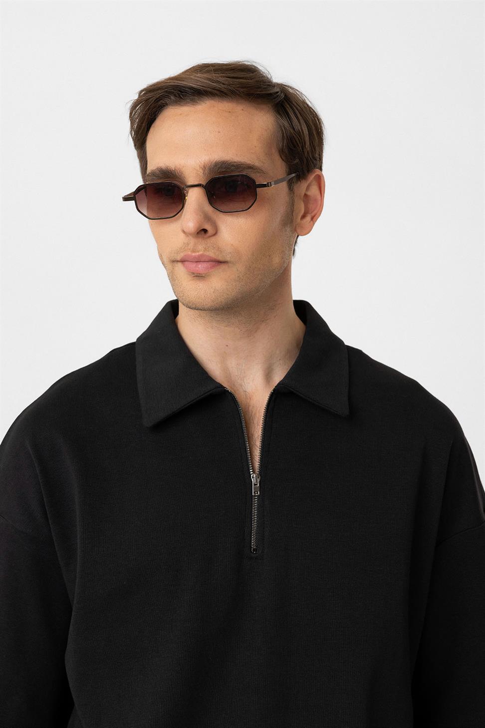 Antioch Siyah Oversize Polo Yaka Fermuarlı Erkek T-Shirt