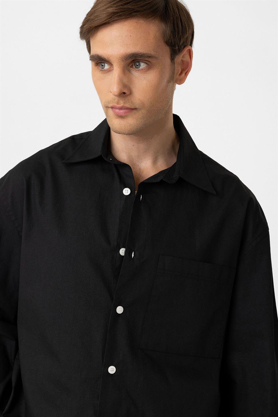 Antioch Siyah Pamuklu Relaxed Erkek Gömlek