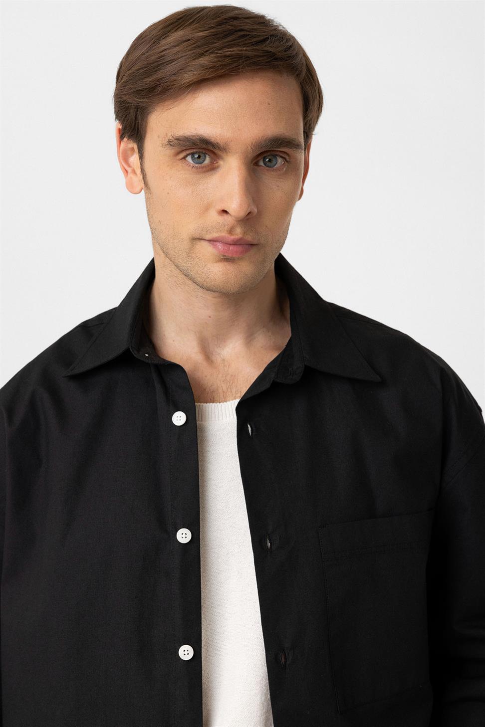 Antioch Siyah Pamuklu Relaxed Erkek Gömlek