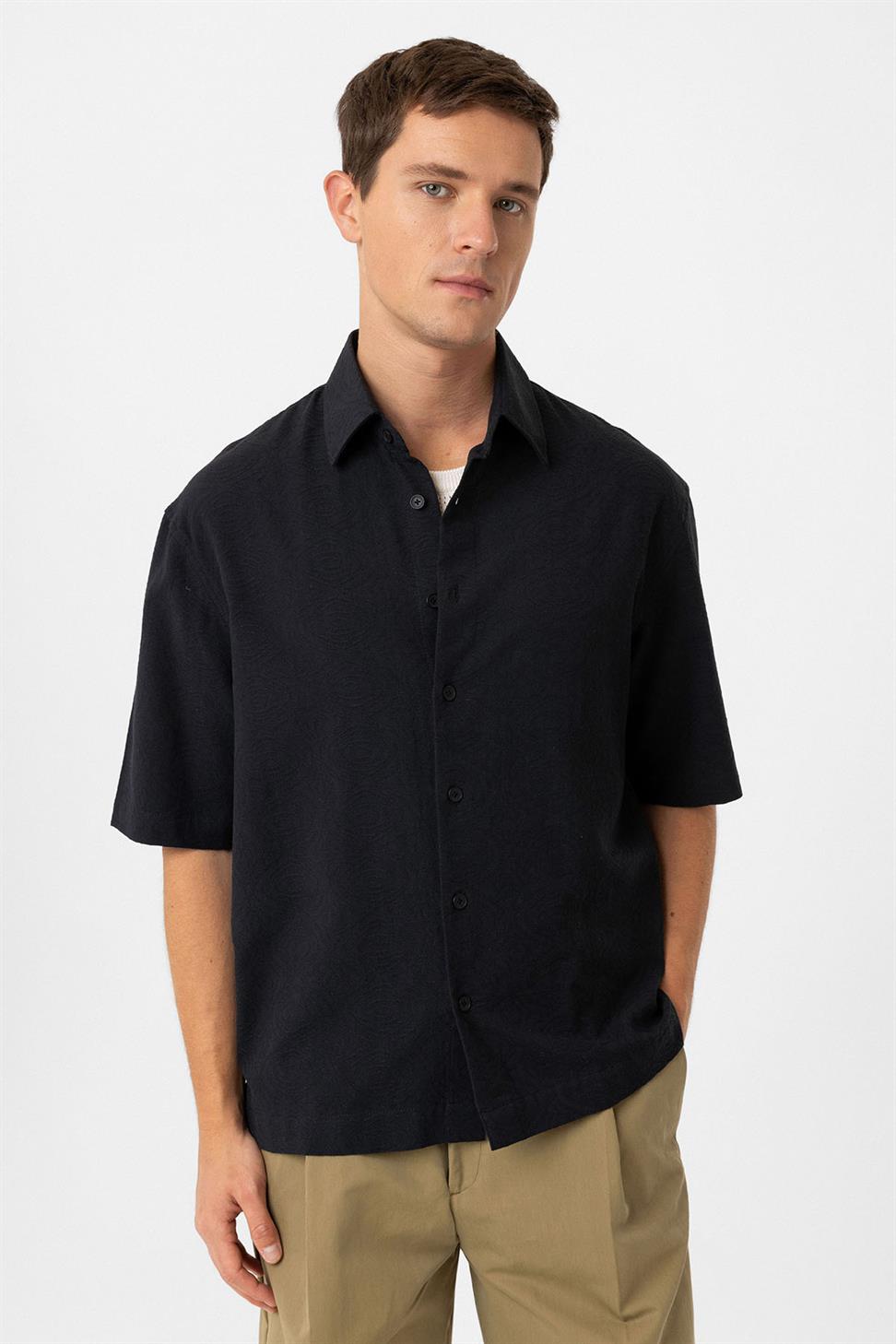 Antioch Siyah Pamuklu Relaxed Kısa Kollu Erkek Gömlek