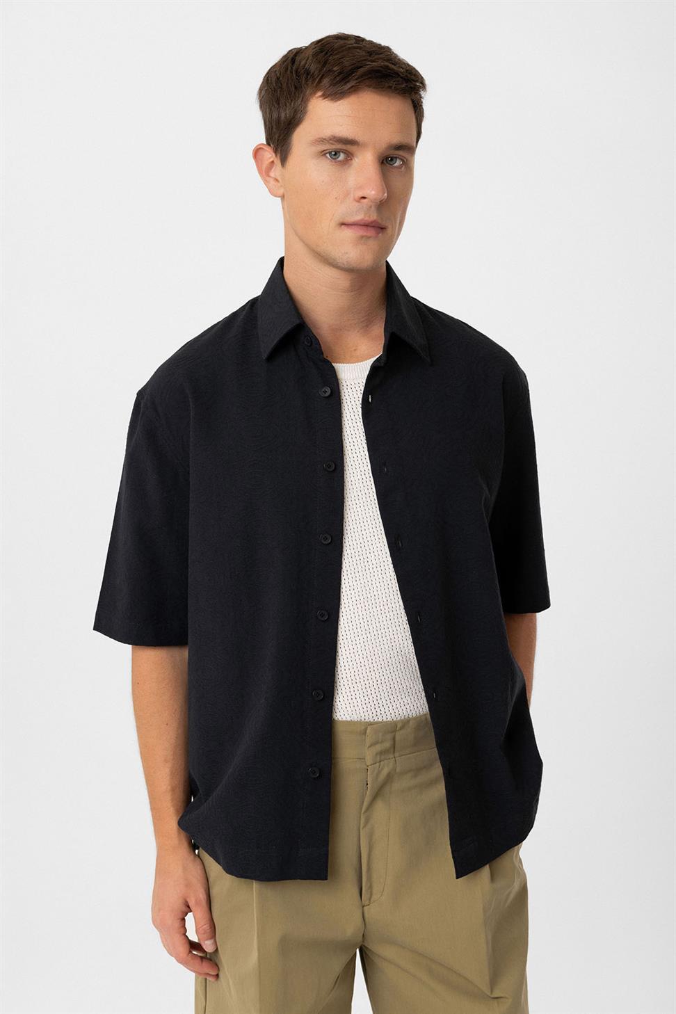 Antioch Siyah Pamuklu Relaxed Kısa Kollu Erkek Gömlek