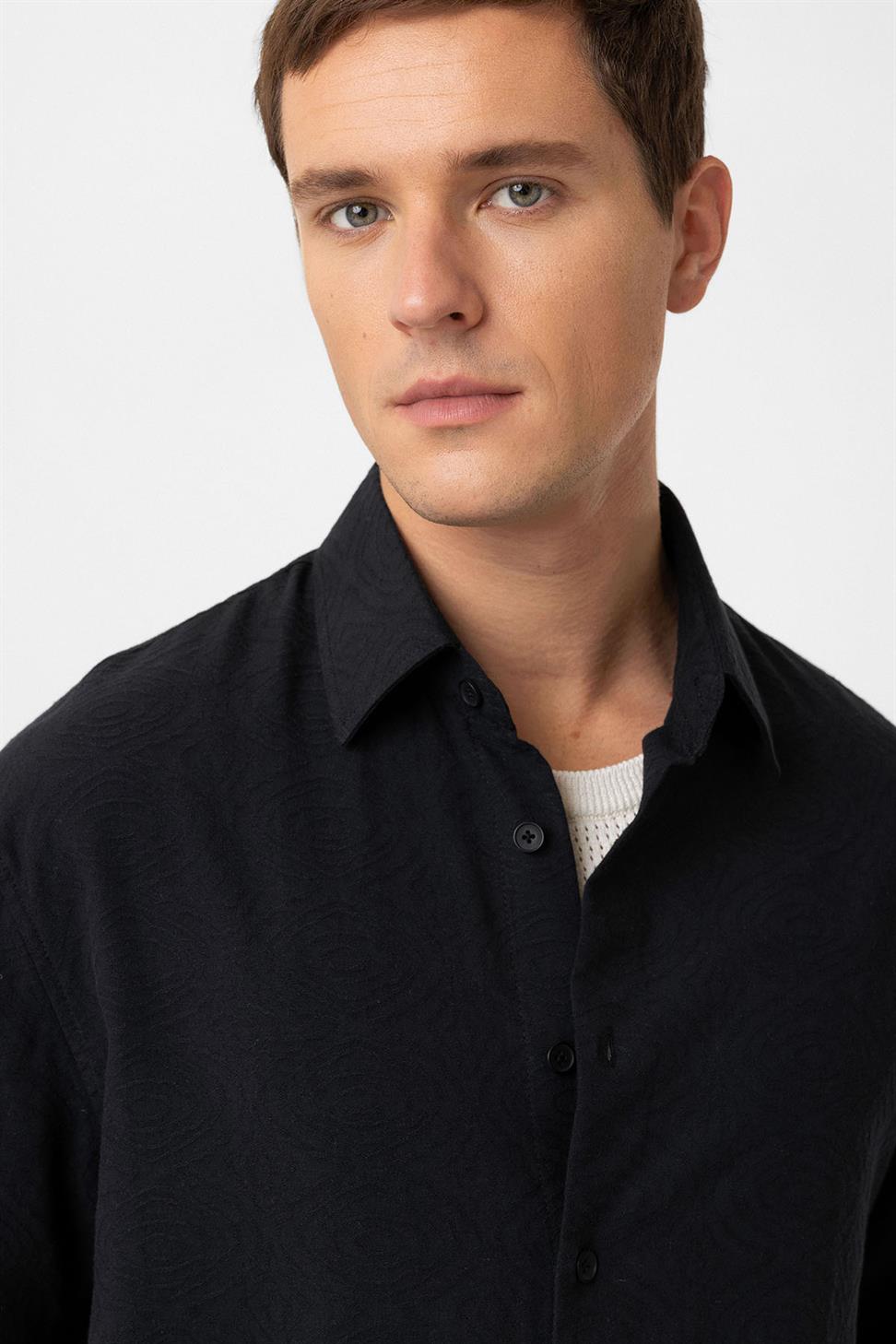 Antioch Siyah Pamuklu Relaxed Kısa Kollu Erkek Gömlek